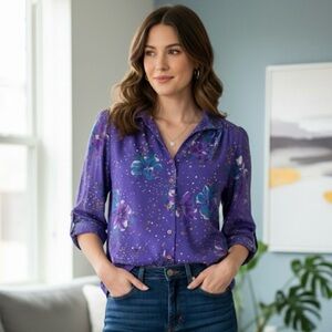 FILISA Of CALIFORNIA Vintage Floral Button Front Blouse, Women’s L, Purple